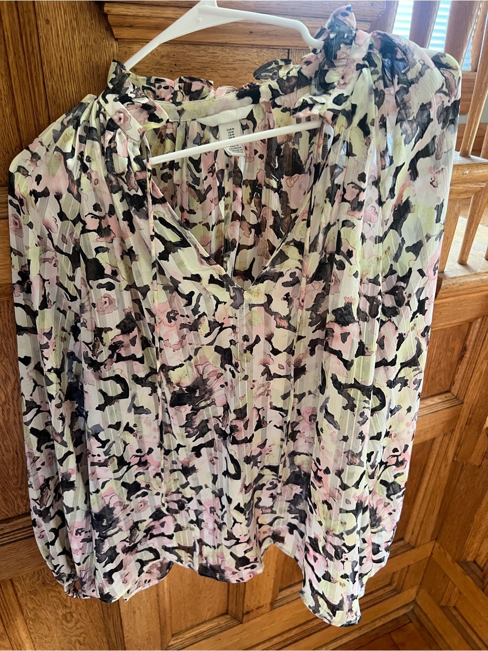H&M Sheer Floral Pleated Blouse - Pink, Black & Cream